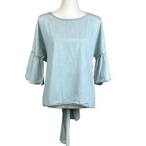 Express Chambray Top Women Large Blue Bell Sleeve Tie Back Coastal Casual Blouse